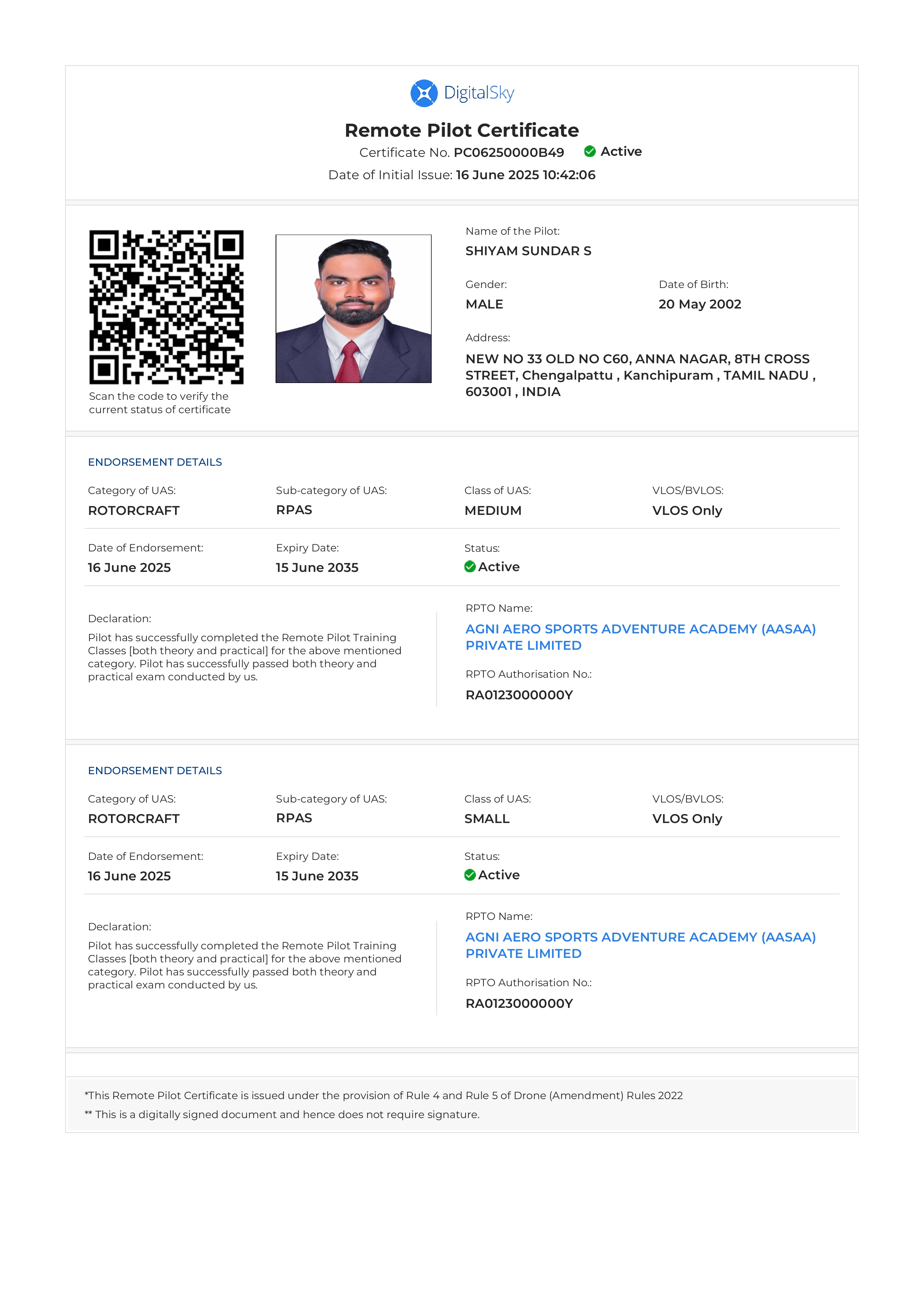 Remote Pilot Licence Certificate